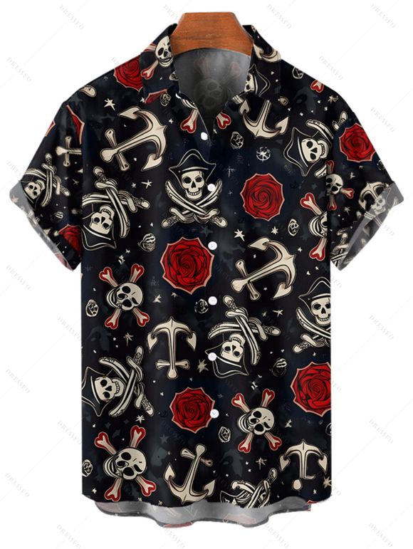 Gothic Couple Outfit Skull Anchor Rose Print Handkerchief Dress and Shirt Set - Noir S | US 4
