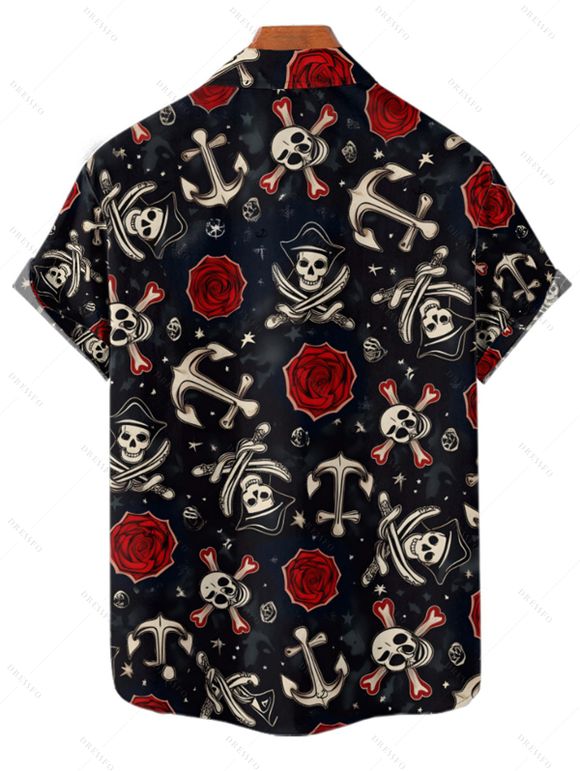 Gothic Couple Outfit Skull Anchor Rose Print Handkerchief Dress and Shirt Set - Noir S | US 4