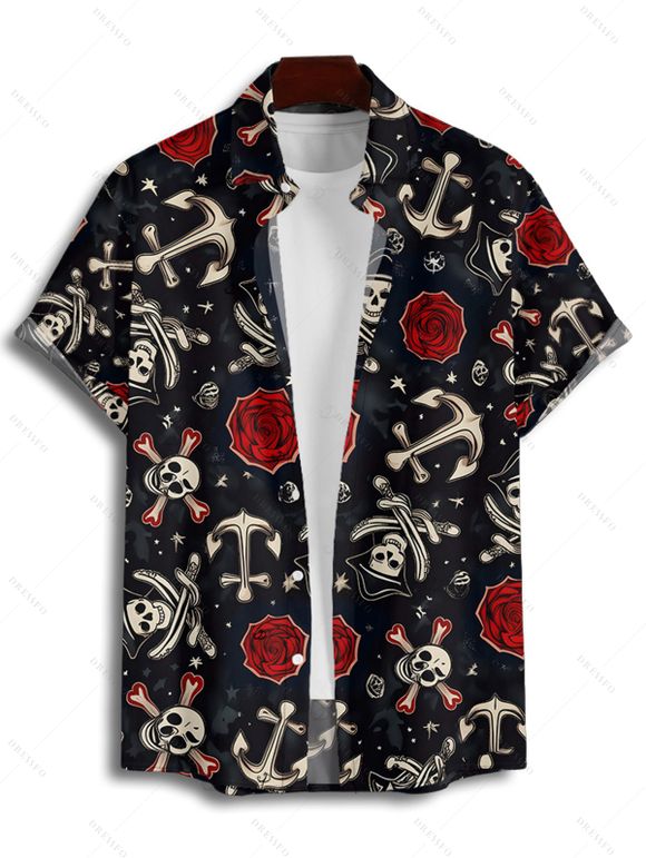 Gothic Couple Outfit Skull Anchor Rose Print Handkerchief Dress and Shirt Set - Noir S | US 4