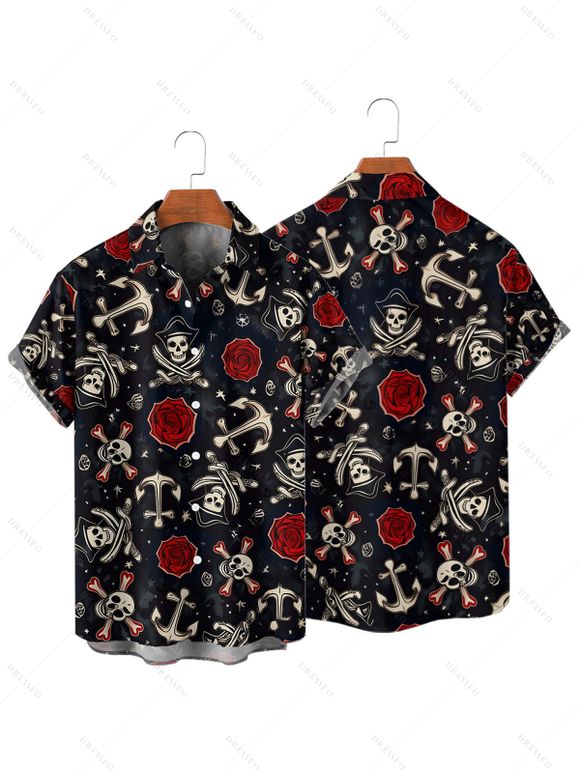 Gothic Couple Outfit Skull Anchor Rose Print Handkerchief Dress and Shirt Set - Noir S | US 4