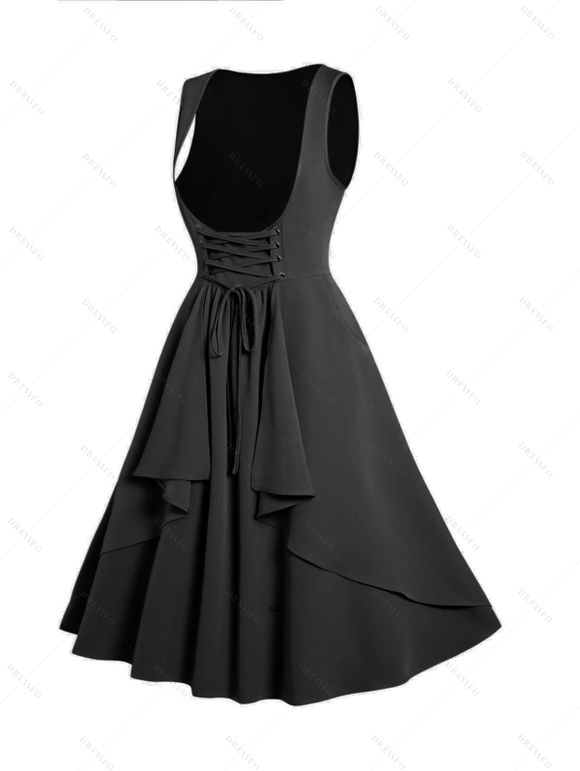 Robe mi-longue décontractée à lacets et superpositions, couleur unie, sans manches, coupe trapèze - Noir XXL