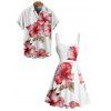 Vacation Couple Outfit Hibiscus Flower Leaf Print Ruched Belt Dress and Shirt Set - Rose clair S | US 4