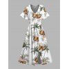 Vacation Couple Outfit Coconut Tree Floral Beer Print Slit Midi Dress and Shirt Set - Vert S | US 4