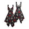 Gothic Couple Outfit Skull Anchor Rose Print Handkerchief Dress and Shirt Set - Noir S | US 4