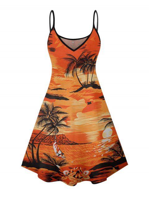 Robe de plage à imprimé paysage de cocotiers, mini-robe à bretelles spaghetti pour les vacances
