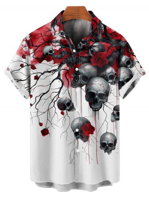 Chemise gothique pour homme pour Halloween, chemise boutonnée à imprimé crânes, roses et sang