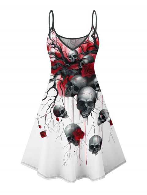 Robe gothique pour Halloween, mini-robe à bretelles spaghetti, imprimé crânes, roses et sang