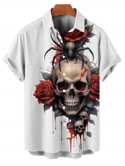 Chemise gothique pour homme pour Halloween, chemise boutonnée à imprimé crânes, araignées et roses