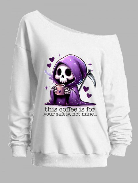 Sweat-shirt d'Halloween à col incliné avec imprimé tête de mort et sorcière