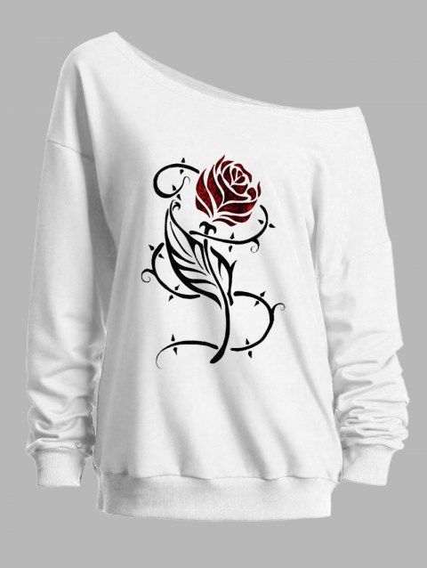 Sweat-shirt à manches longues et col oblique imprimé feuilles de rose