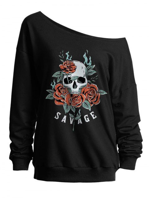 Sweat-shirt gothique pour Halloween, imprimé lettres tête de mort et rose, col incliné