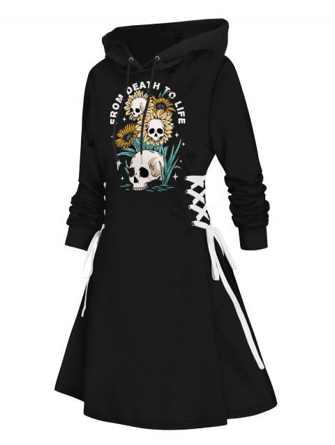 Robe à capuche d'Halloween, mini-robe à lacets et cordon de serrage, imprimé tête de mort, tournesol et lettres