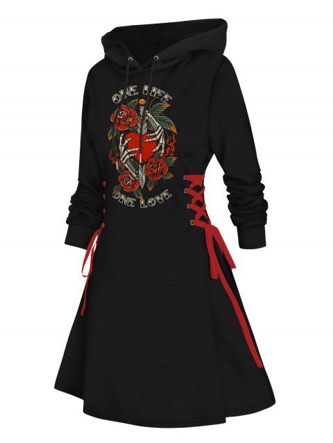 Robe à capuche d'Halloween à lacets avec imprimé main de squelette rose et cœur