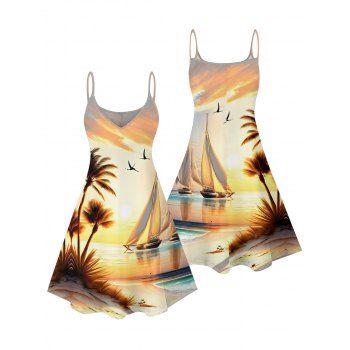Landscape Coconut Tree Print Beach Dress Spaghetti Strap Mini Dress for Vacation