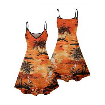 Coconut Tree Landscape Print Beach Dress Spaghetti Strap Mini Dress for Vacation