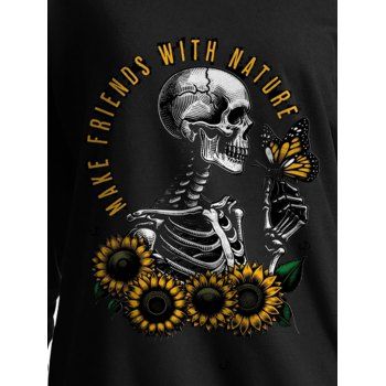 Halloween Sweatshirt Gothic Skull Skeleton Sunflower Letter Print Skew Neck Sweatshirt