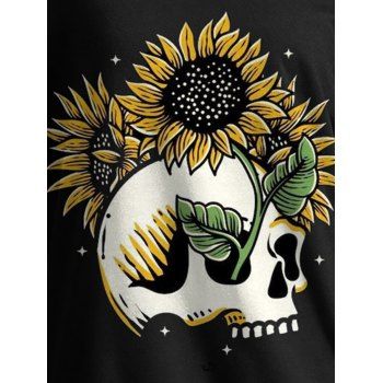 Gothic Sweatshirt for Halloween Sunflower Skulls Print Skew Neck Sweatshirt