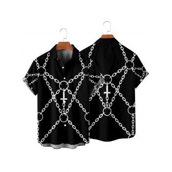 Men's Gothic Shirt Chain Cross Print Button Up Punk Shirt