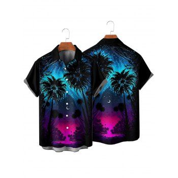 Gothic Couple Outfit Coconut Tree Starry Night Print Spaghetti Strap Long Dress and Shirt Set