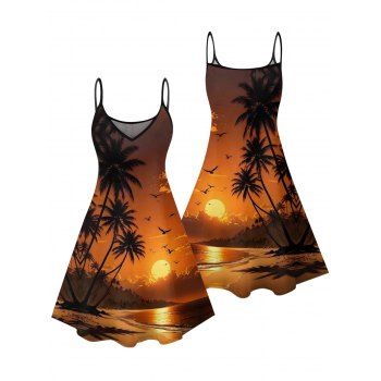 Coconut Tree Beach Landscape Print Vacation Dress Spaghetti Strap Mini Dress