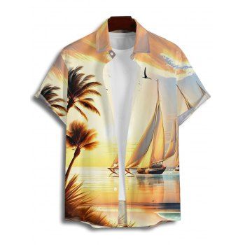 Beach Couple Outfit for Vacation Landscape Coconut Tree Print Mini Dress and Shirt Set