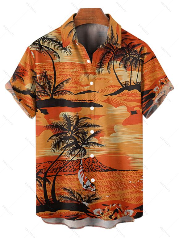 Chemise boutonnée à imprimé paysage de cocotiers pour homme, idéale pour les vacances à la plage - Orange 5XL