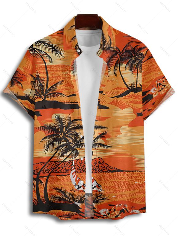 Chemise boutonnée à imprimé paysage de cocotiers pour homme, idéale pour les vacances à la plage - Orange 4XL