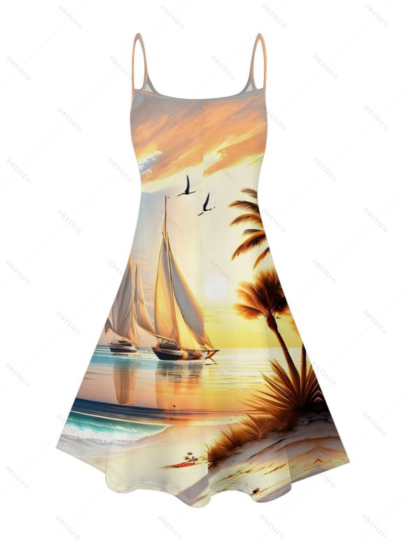 Robe de plage à imprimé paysage de cocotiers, mini-robe à bretelles spaghetti pour les vacances - Jaune clair L | US 8-10