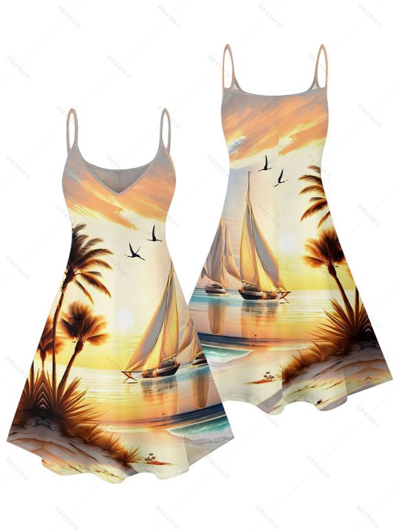 Robe de plage à imprimé paysage de cocotiers, mini-robe à bretelles spaghetti pour les vacances - Jaune clair L | US 8-10