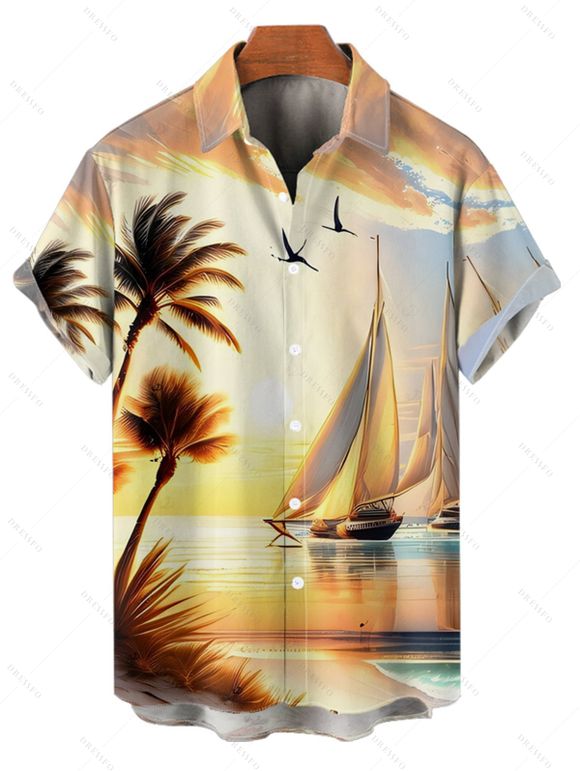 Chemise de plage pour homme, motif cocotiers, boutonnée, idéale pour les vacances - Jaune clair 5XL