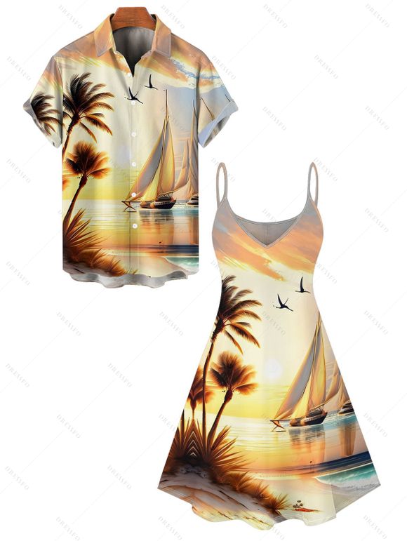 Beach Couple Outfit for Vacation Landscape Coconut Tree Print Mini Dress and Shirt Set - Jaune clair S | US 4