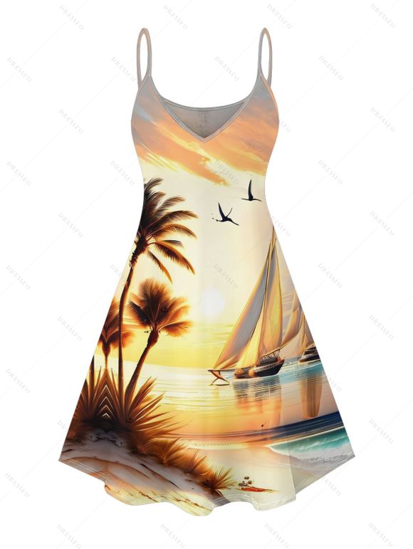 Beach Couple Outfit for Vacation Landscape Coconut Tree Print Mini Dress and Shirt Set - Jaune clair S | US 4