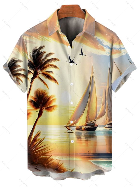 Beach Couple Outfit for Vacation Landscape Coconut Tree Print Mini Dress and Shirt Set - Jaune clair S | US 4