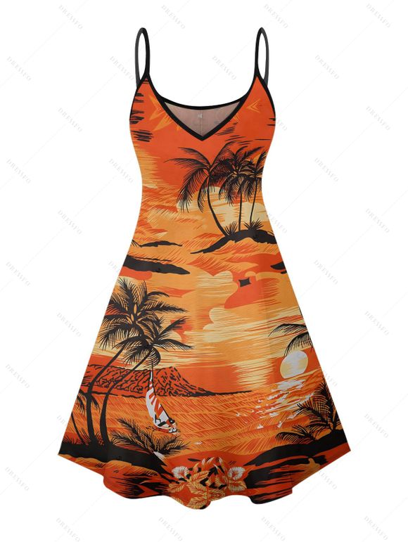 Robe de plage à imprimé paysage de cocotiers, mini-robe à bretelles spaghetti pour les vacances - Orange XXXXXL | US 20