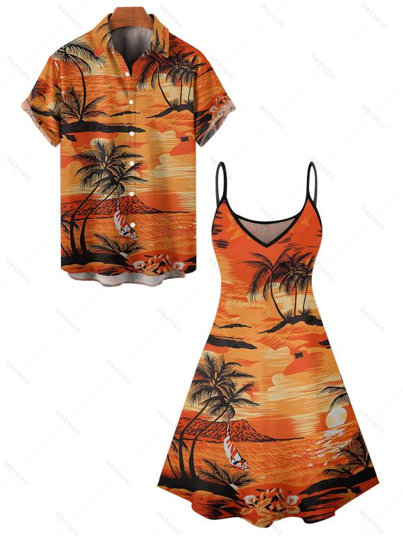 Beach Couple Outfit for Vacation Coconut Tree Print Mini Dress and Shirt Set - Orange S | US 4