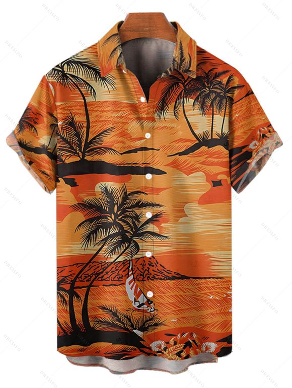 Beach Couple Outfit for Vacation Coconut Tree Print Mini Dress and Shirt Set - Orange S | US 4