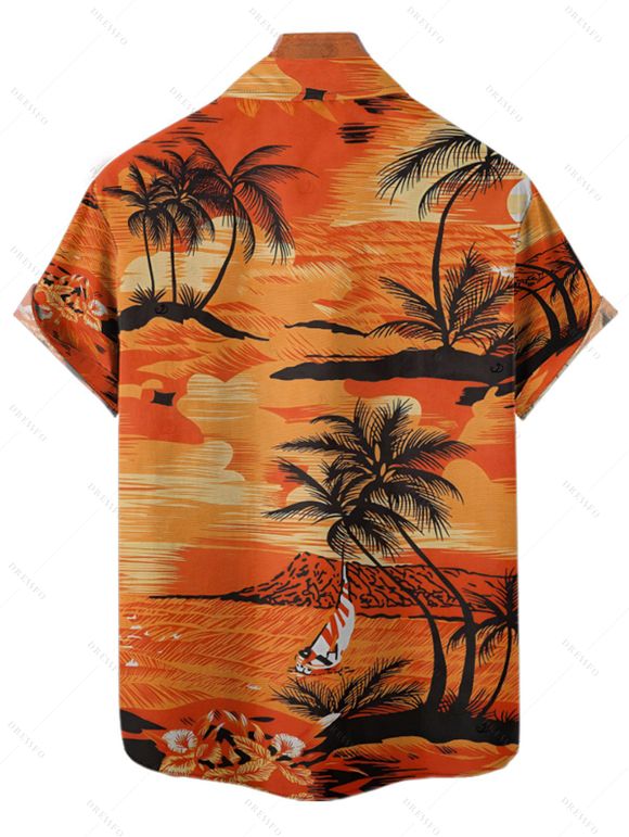 Beach Couple Outfit for Vacation Coconut Tree Print Mini Dress and Shirt Set - Orange S | US 4