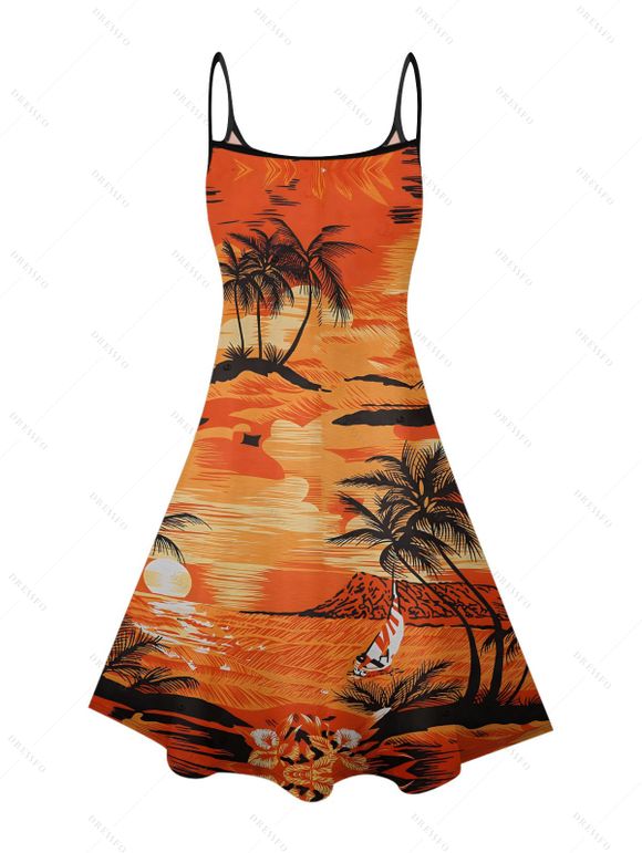 Beach Couple Outfit for Vacation Coconut Tree Print Mini Dress and Shirt Set - Orange S | US 4