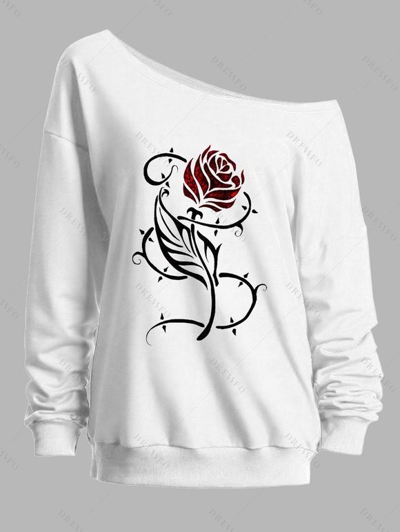 Sweat-shirt à manches longues et col oblique imprimé feuilles de rose - Blanc XXL | US 14