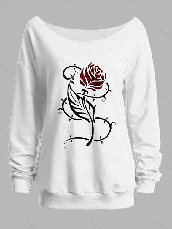 Sweat-shirt à manches longues et col oblique imprimé feuilles de rose - Blanc XXL | US 14