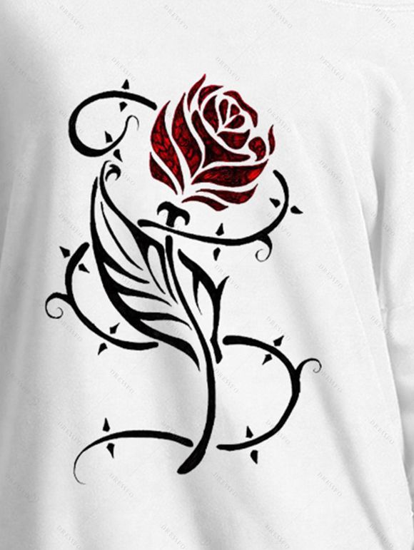 Sweat-shirt à manches longues et col oblique imprimé feuilles de rose - Blanc XXL | US 14