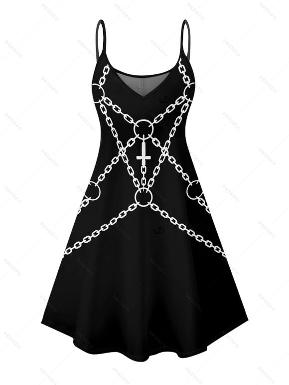 Robe gothique à imprimé chaîne croisée, mini-robe punk à bretelles spaghetti - Noir XXXXXL | US 20