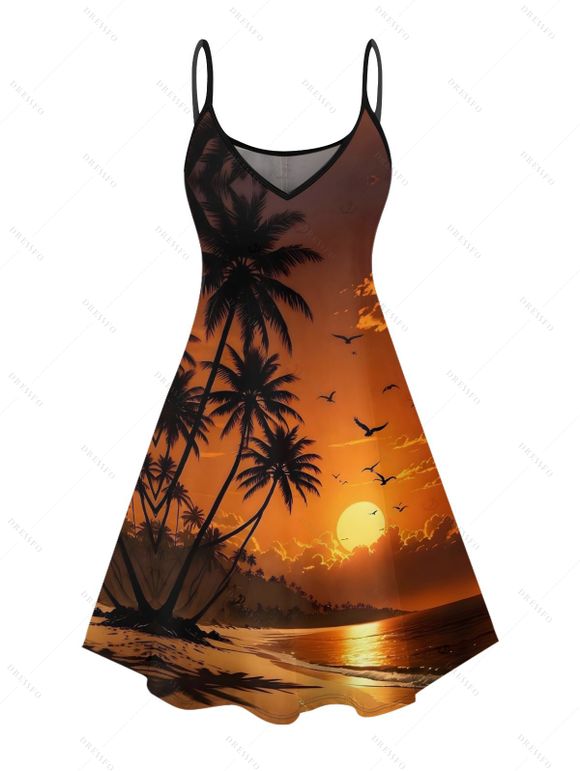 Robe de vacances à imprimé paysage de plage et cocotiers, mini-robe à bretelles spaghetti - Orange XXXXXL | US 20
