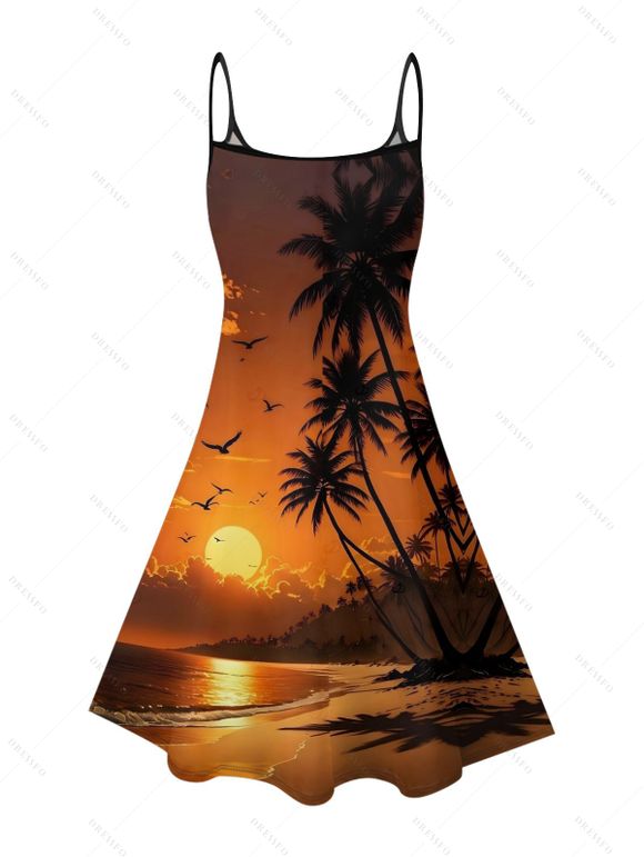 Robe de vacances à imprimé paysage de plage et cocotiers, mini-robe à bretelles spaghetti - Orange L | US 8-10