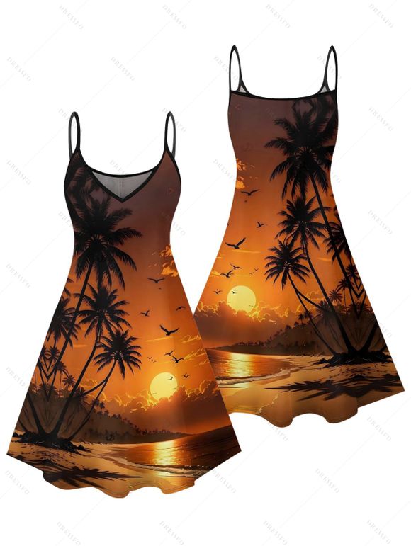 Robe de vacances à imprimé paysage de plage et cocotiers, mini-robe à bretelles spaghetti - Orange L | US 8-10