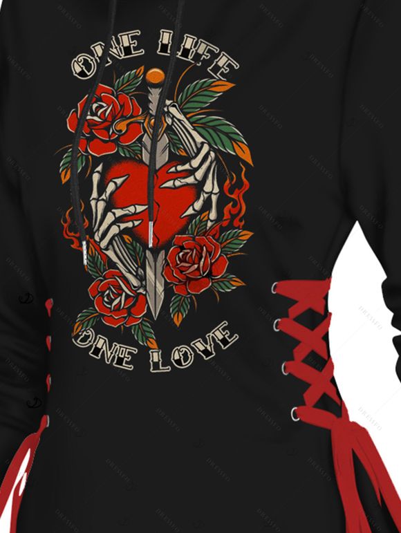 Robe à capuche d'Halloween à lacets avec imprimé main de squelette rose et cœur - Noir L | US 8-10