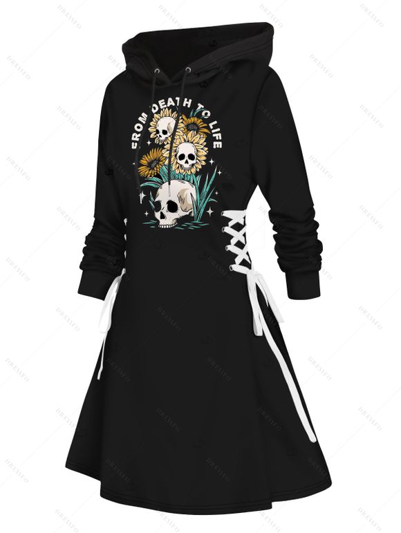Robe à capuche d'Halloween, mini-robe à lacets et cordon de serrage, imprimé tête de mort, tournesol et lettres - Noir XXL | US 14