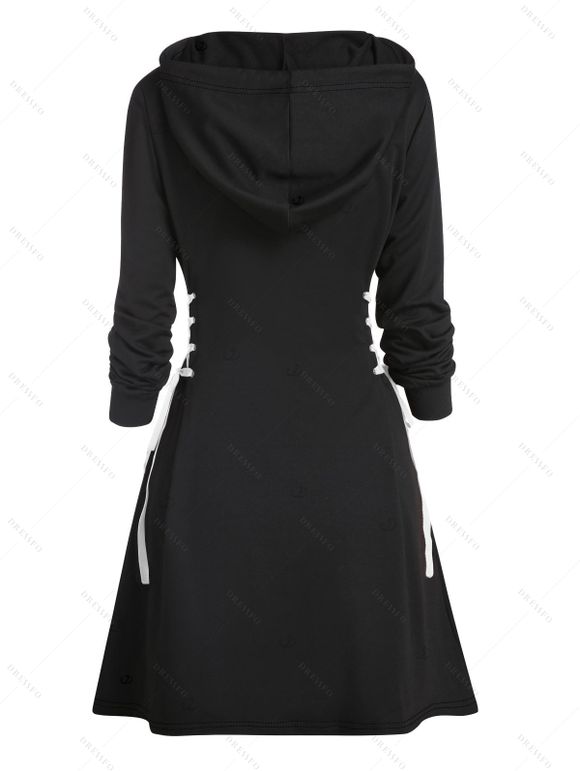 Robe à capuche d'Halloween, mini-robe à lacets et cordon de serrage, imprimé tête de mort, tournesol et lettres - Noir M | US 6