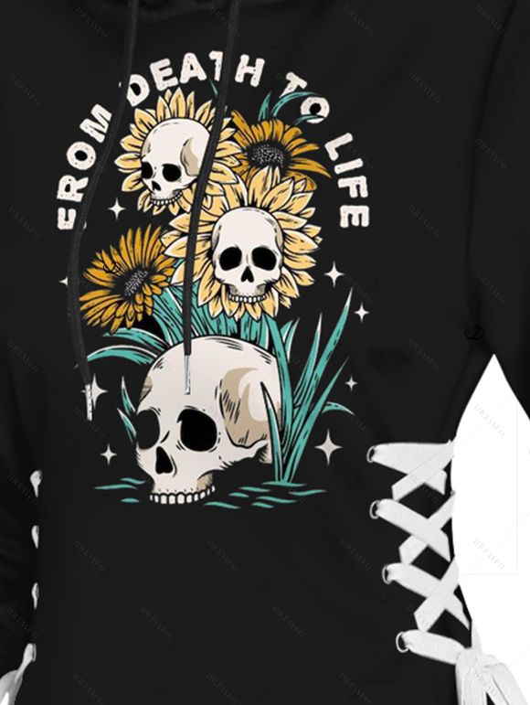 Robe à capuche d'Halloween, mini-robe à lacets et cordon de serrage, imprimé tête de mort, tournesol et lettres - Noir M | US 6