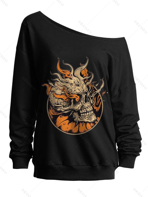 Sweat-shirt gothique à manches longues et col incliné avec imprimé tête de mort pour Halloween - Noir XXL | US 14